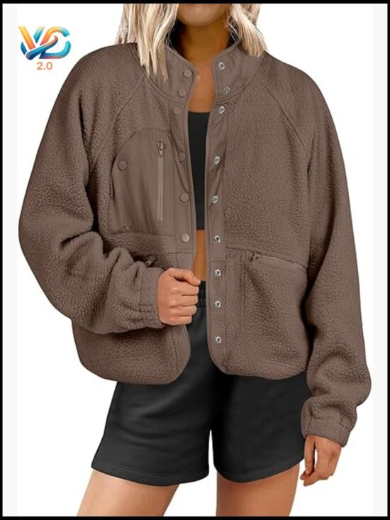 Jackets & Blazers - Fuzzy Fleece Cropped Shacket with Pockets, Long Sleeve Button Down Jacket